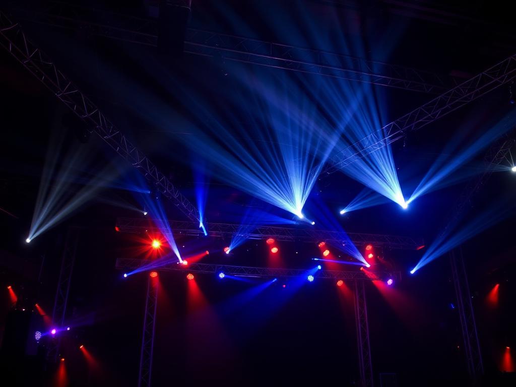 Lichtbruggen met bewegende koppen boven een evenementenzaal