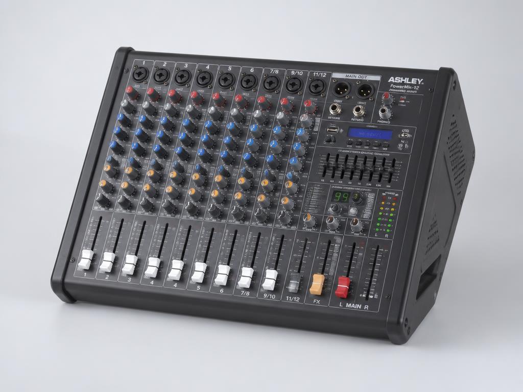 Analoge powermixer met faders en knoppen